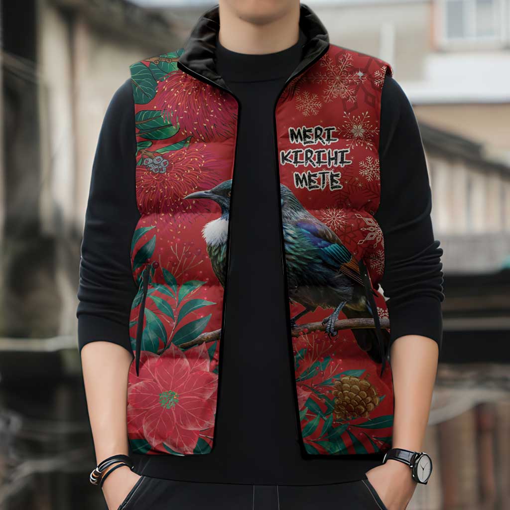 Tui Meri Kirihimete Personalised Sleeveless Puffer Jacket Pohutukawa Flowers Red Motif - Aussie Hoodie