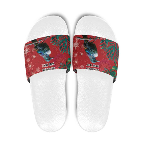 Tui Meri Kirihimete Personalised Slide Sandals Pohutukawa Flowers Red Motif - Aussie Hoodie