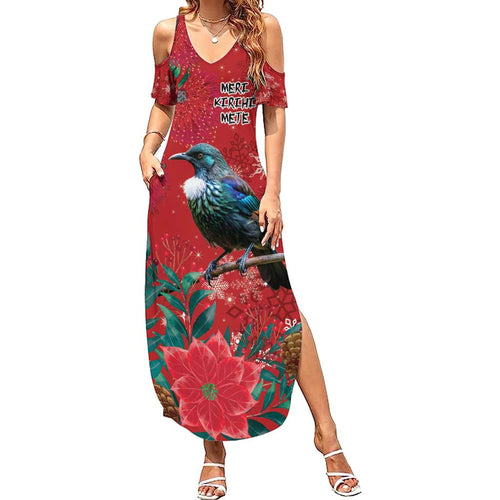 Tui Meri Kirihimete Personalised Summer Maxi Dress Pohutukawa Flowers Red Motif - Aussie Hoodie