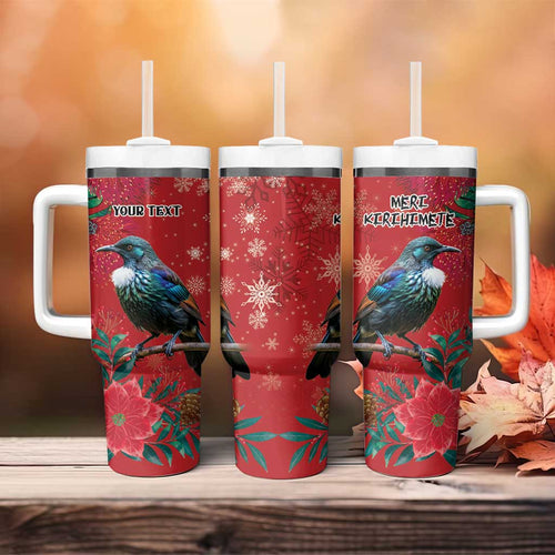 Tui Meri Kirihimete Personalised Tumbler With Handle Pohutukawa Flowers Red Motif - Aussie Hoodie