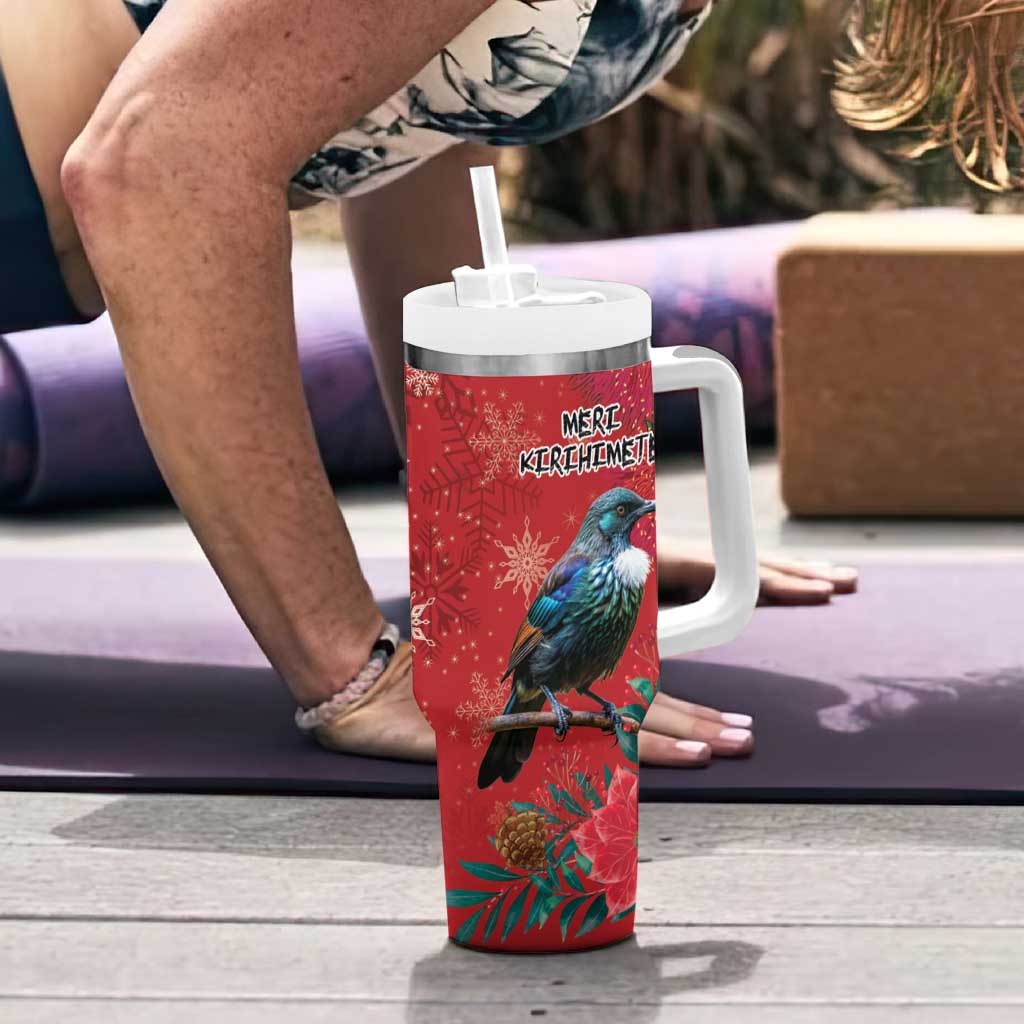 Tui Meri Kirihimete Personalised Tumbler With Handle Pohutukawa Flowers Red Motif - Aussie Hoodie
