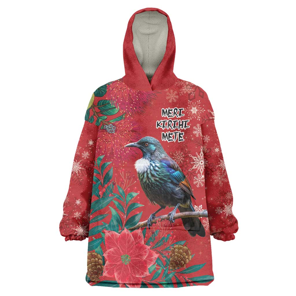 Tui Meri Kirihimete Personalised Wearable Blanket Hoodie Pohutukawa Flowers Red Motif - Aussie Hoodie