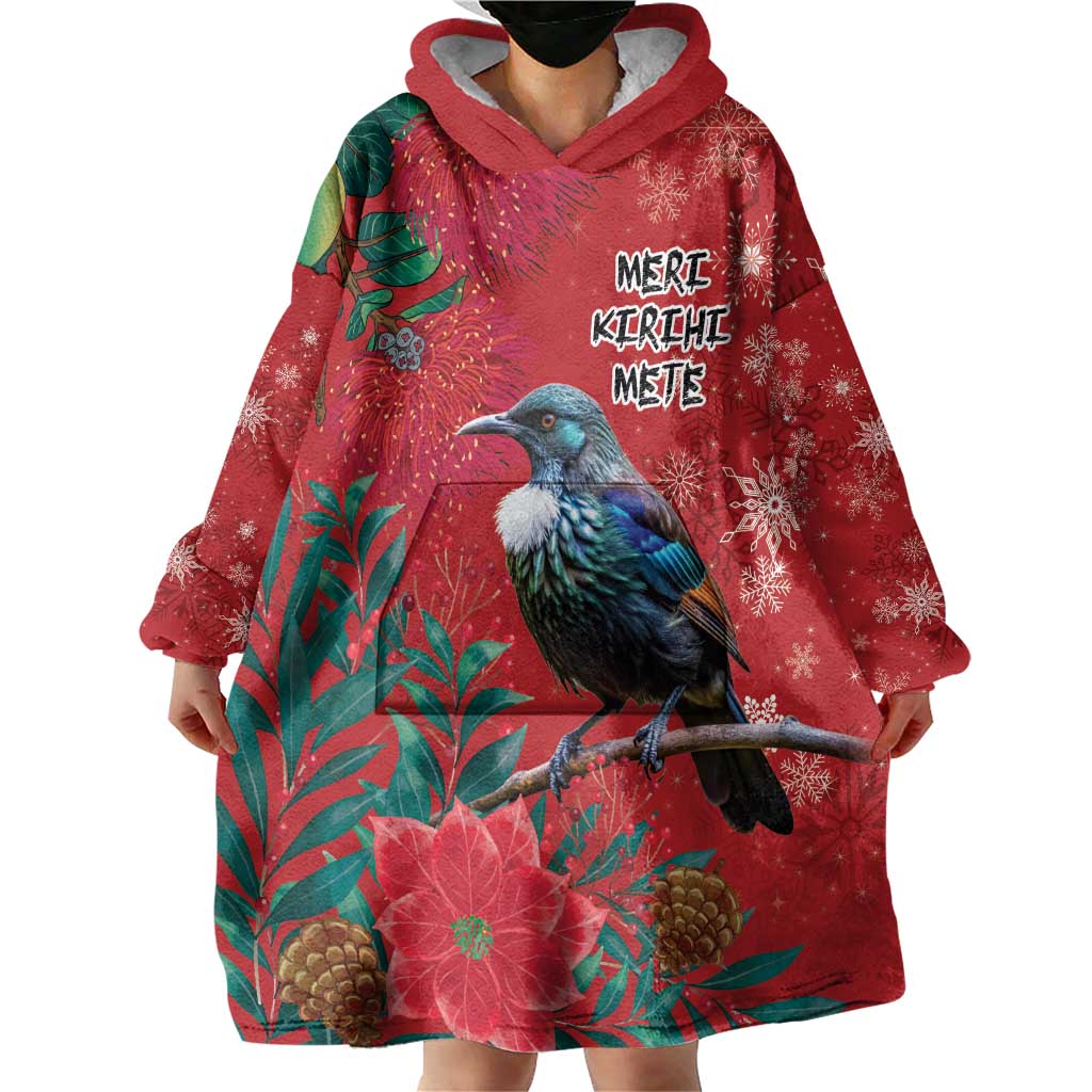 Tui Meri Kirihimete Personalised Wearable Blanket Hoodie Pohutukawa Flowers Red Motif - Aussie Hoodie