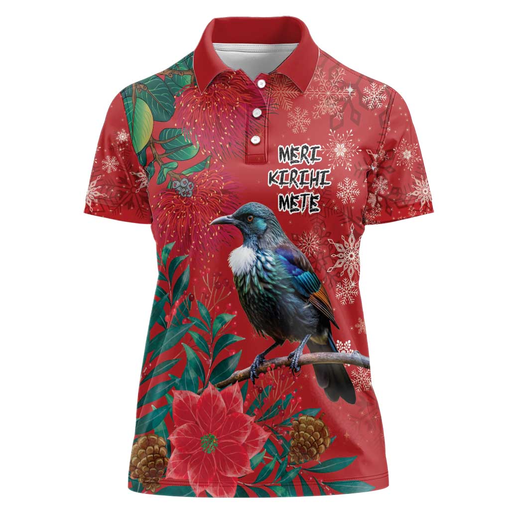 Tui Meri Kirihimete Personalised Women Polo Shirt Pohutukawa Flowers Red Motif - Aussie Hoodie