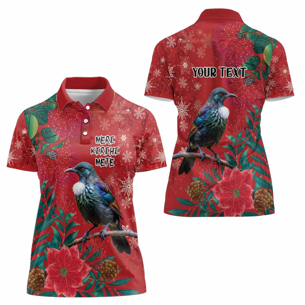 Tui Meri Kirihimete Personalised Women Polo Shirt Pohutukawa Flowers Red Motif - Aussie Hoodie
