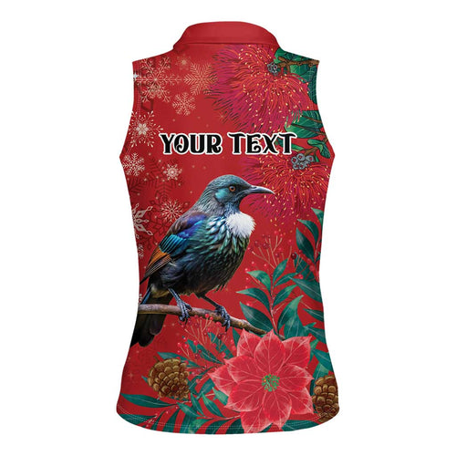 Tui Meri Kirihimete Personalised Women Sleeveless Polo Shirt Pohutukawa Flowers Red Motif - Aussie Hoodie
