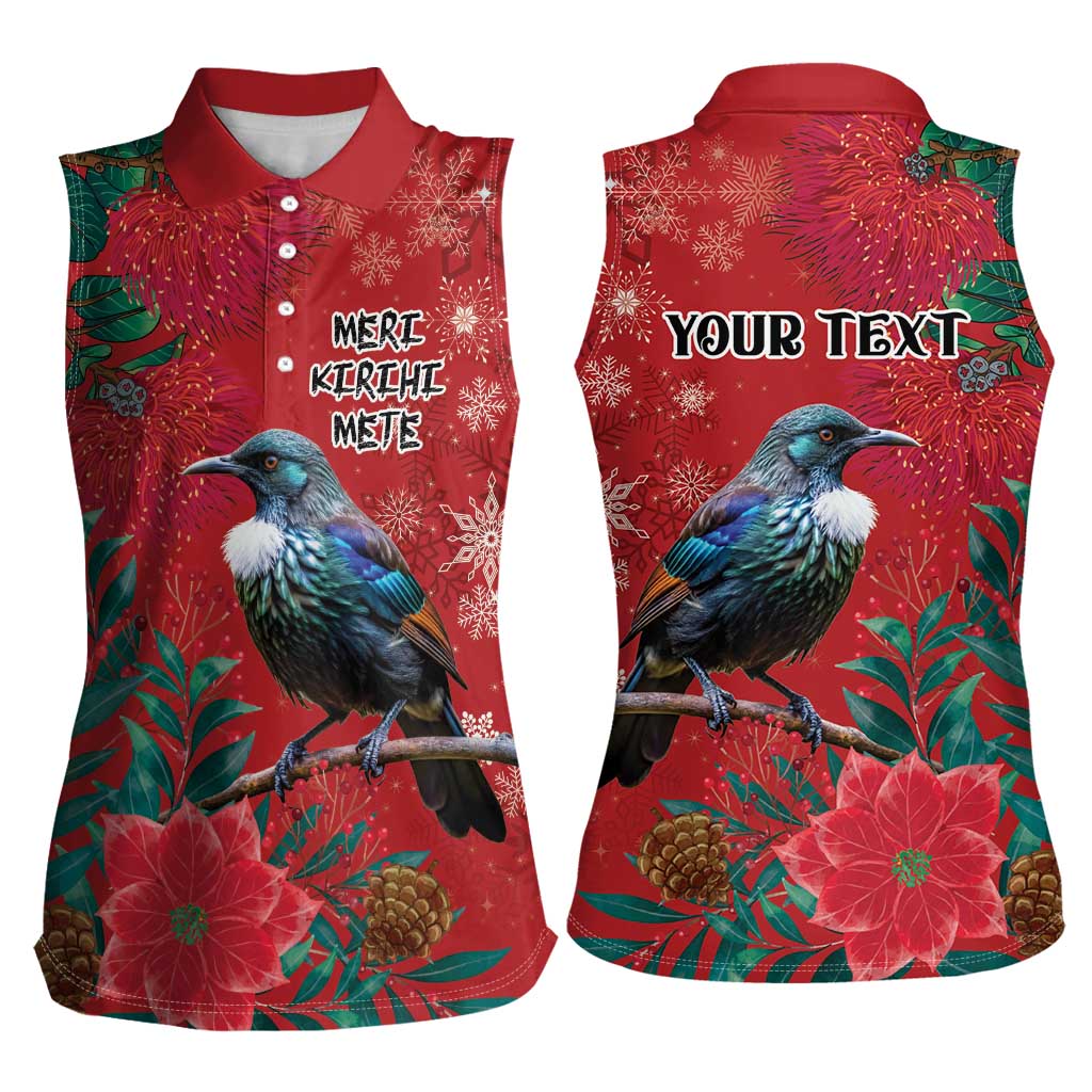 Tui Meri Kirihimete Personalised Women Sleeveless Polo Shirt Pohutukawa Flowers Red Motif - Aussie Hoodie