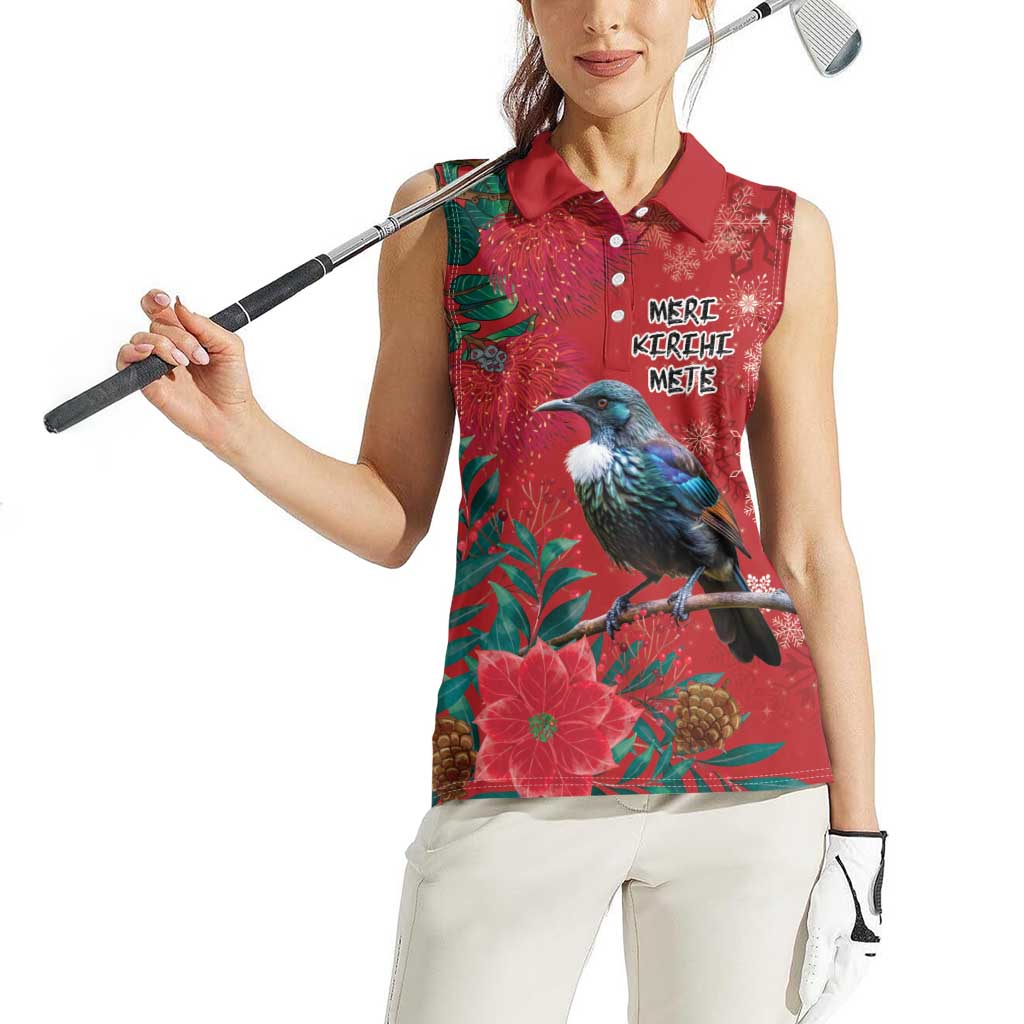 Tui Meri Kirihimete Personalised Women Sleeveless Polo Shirt Pohutukawa Flowers Red Motif - Aussie Hoodie