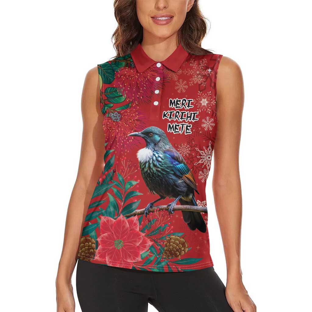 Tui Meri Kirihimete Personalised Women Sleeveless Polo Shirt Pohutukawa Flowers Red Motif - Aussie Hoodie