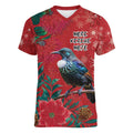 Tui Meri Kirihimete Personalised Women V-Neck T-Shirt Pohutukawa Flowers Red Motif - Aussie Hoodie
