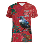 Tui Meri Kirihimete Personalised Women V-Neck T-Shirt Pohutukawa Flowers Red Motif - Aussie Hoodie
