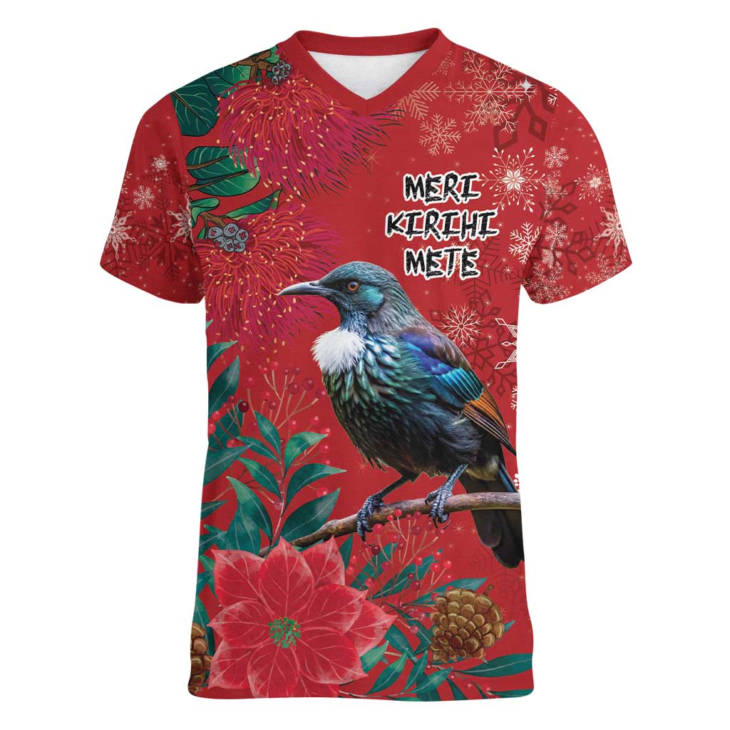 Tui Meri Kirihimete Personalised Women V-Neck T-Shirt Pohutukawa Flowers Red Motif - Aussie Hoodie