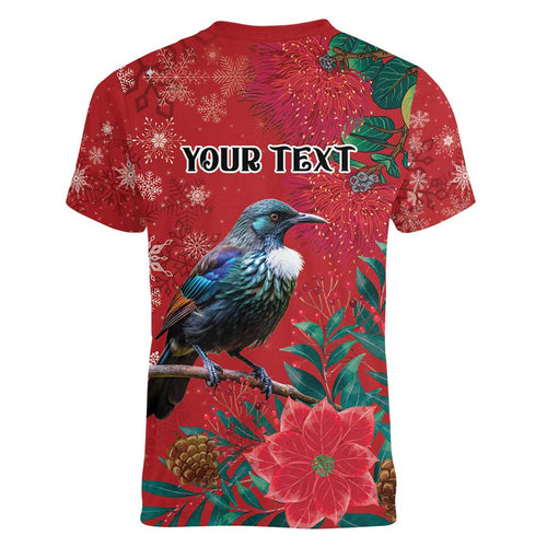Tui Meri Kirihimete Personalised Women V-Neck T-Shirt Pohutukawa Flowers Red Motif - Aussie Hoodie