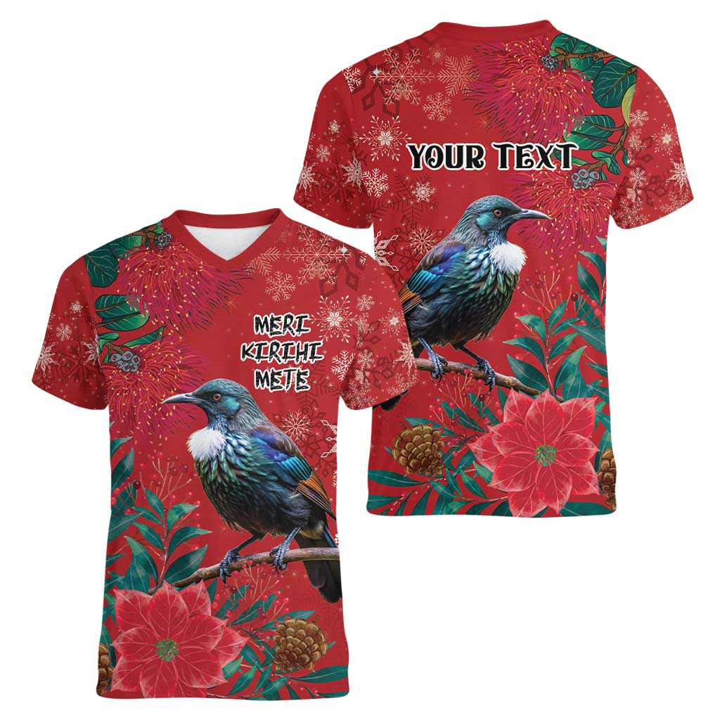 Tui Meri Kirihimete Personalised Women V-Neck T-Shirt Pohutukawa Flowers Red Motif - Aussie Hoodie