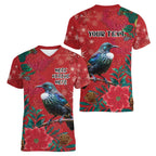 Tui Meri Kirihimete Personalised Women V-Neck T-Shirt Pohutukawa Flowers Red Motif - Aussie Hoodie