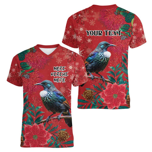 Tui Meri Kirihimete Personalised Women V-Neck T-Shirt Pohutukawa Flowers Red Motif - Aussie Hoodie