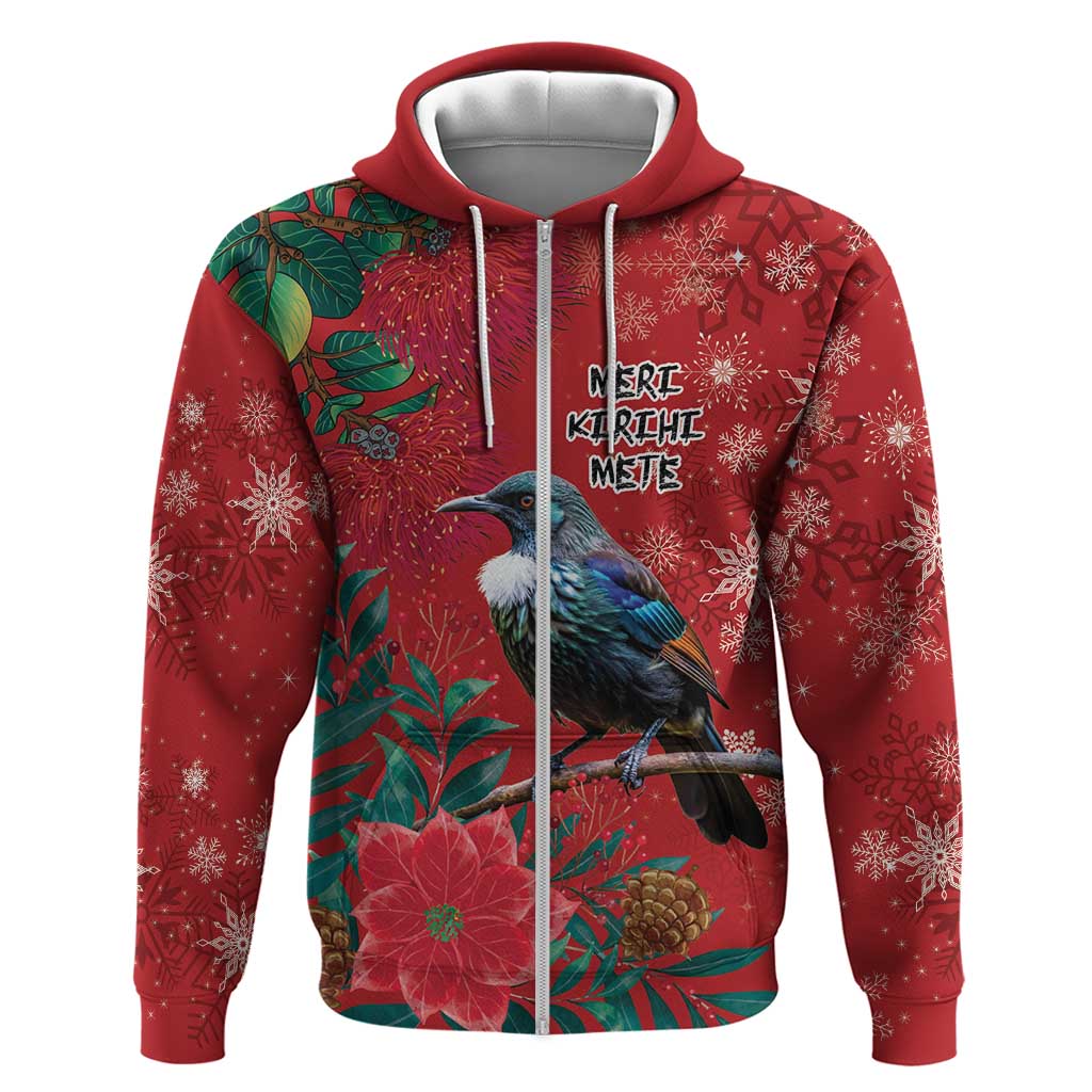 Tui Meri Kirihimete Personalised Zip Hoodie Pohutukawa Flowers Red Motif - Aussie Hoodie