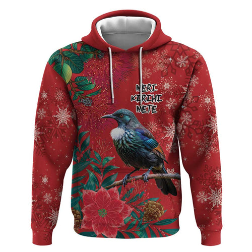 Tui Meri Kirihimete Personalised Zip Hoodie Pohutukawa Flowers Red Motif - Aussie Hoodie