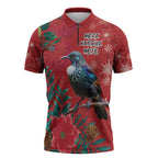 Tui Meri Kirihimete Personalised Zipper Polo Shirt Pohutukawa Flowers Red Motif - Aussie Hoodie