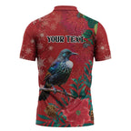 Tui Meri Kirihimete Personalised Zipper Polo Shirt Pohutukawa Flowers Red Motif - Aussie Hoodie