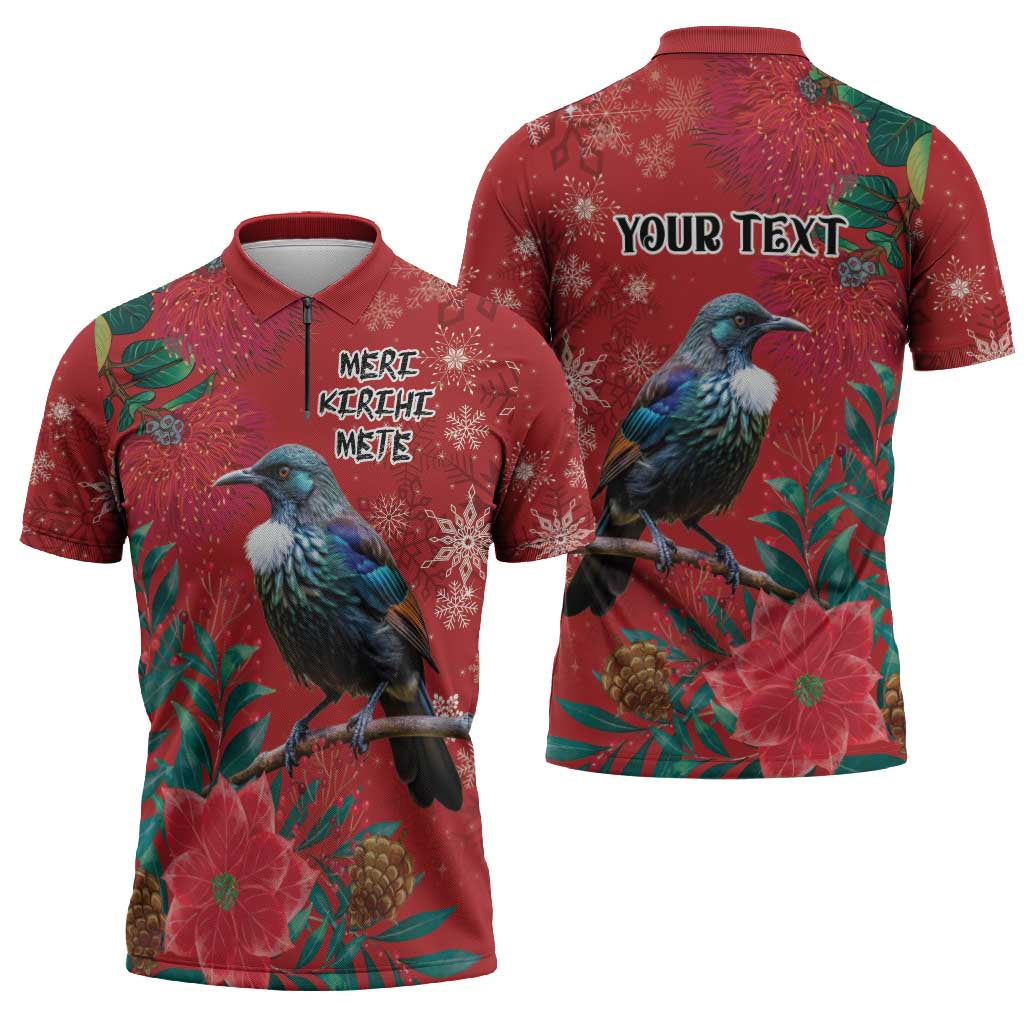 Tui Meri Kirihimete Personalised Zipper Polo Shirt Pohutukawa Flowers Red Motif - Aussie Hoodie