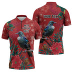 Tui Meri Kirihimete Personalised Zipper Polo Shirt Pohutukawa Flowers Red Motif - Aussie Hoodie