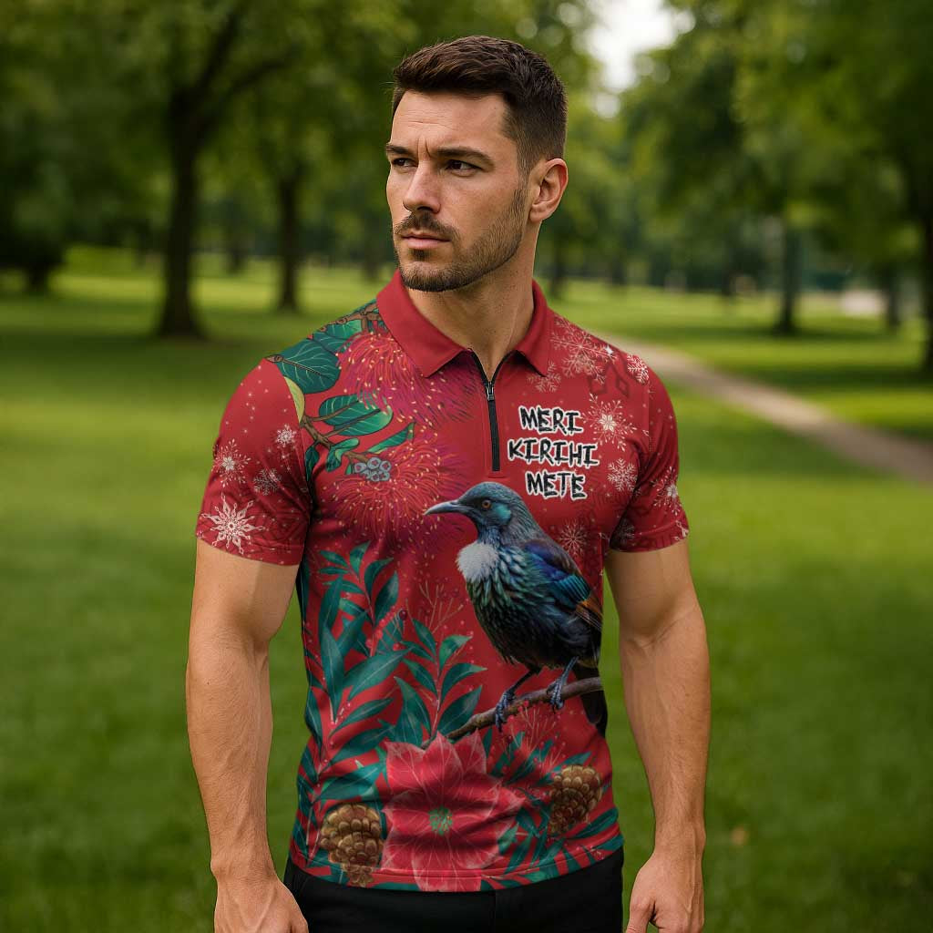 Tui Meri Kirihimete Personalised Zipper Polo Shirt Pohutukawa Flowers Red Motif - Aussie Hoodie