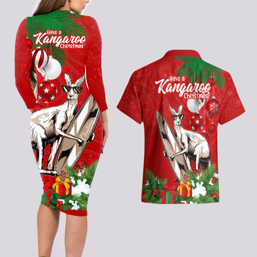 kangaroo-lover-couples-matching-long-sleeve-bodycon-dress-and-hawaiian-shirt-australia-merry-christmas-aboriginal
