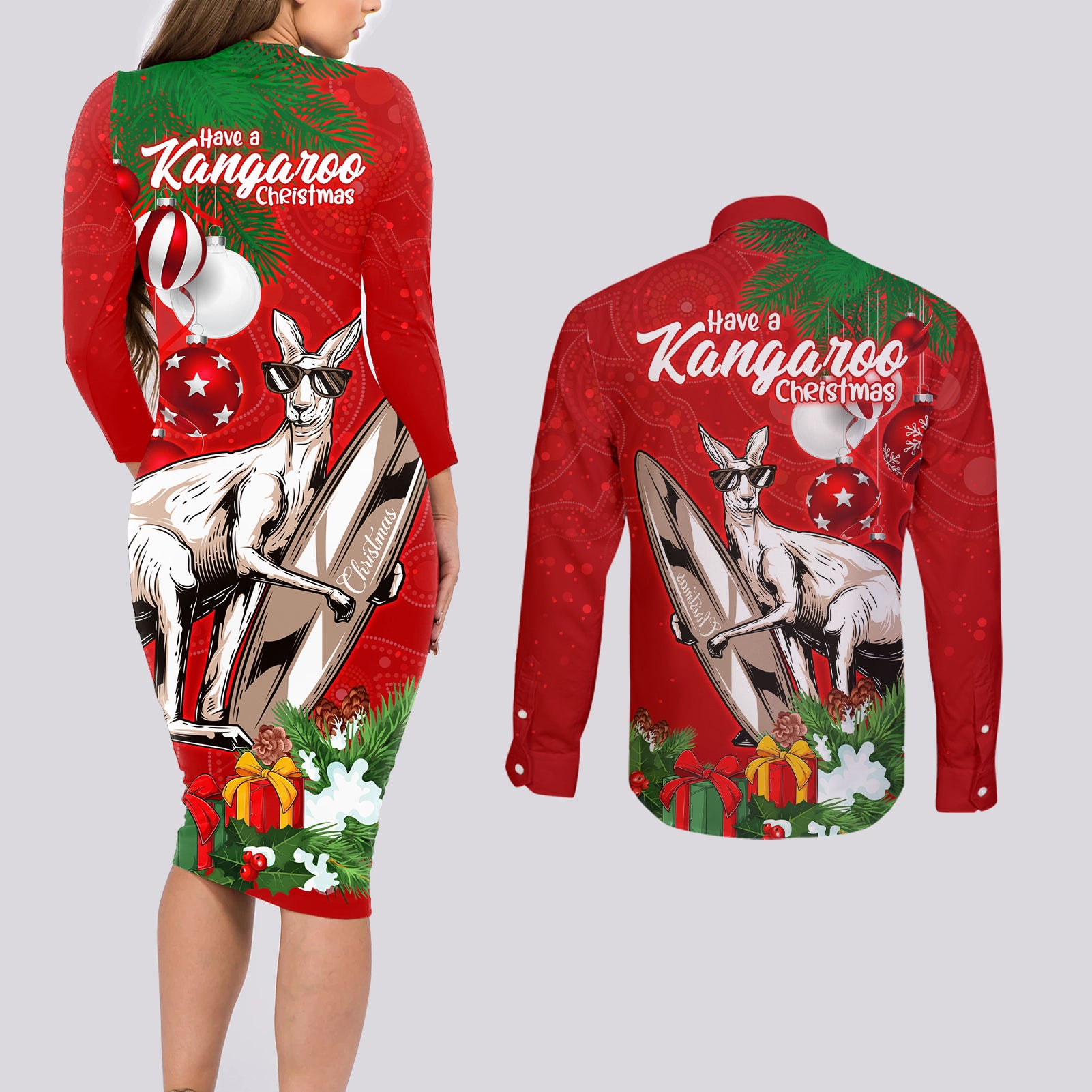 kangaroo-lover-couples-matching-long-sleeve-bodycon-dress-and-long-sleeve-button-shirt-australia-merry-christmas-aboriginal