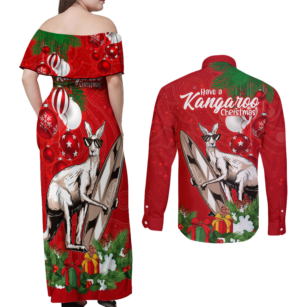 kangaroo-lover-couples-matching-off-shoulder-maxi-dress-and-long-sleeve-button-shirt-australia-merry-christmas-aboriginal