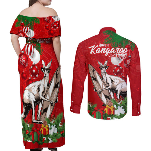 kangaroo-lover-couples-matching-off-shoulder-maxi-dress-and-long-sleeve-button-shirt-australia-merry-christmas-aboriginal