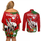 kangaroo-lover-couples-matching-off-shoulder-short-dress-and-long-sleeve-button-shirt-australia-merry-christmas-aboriginal