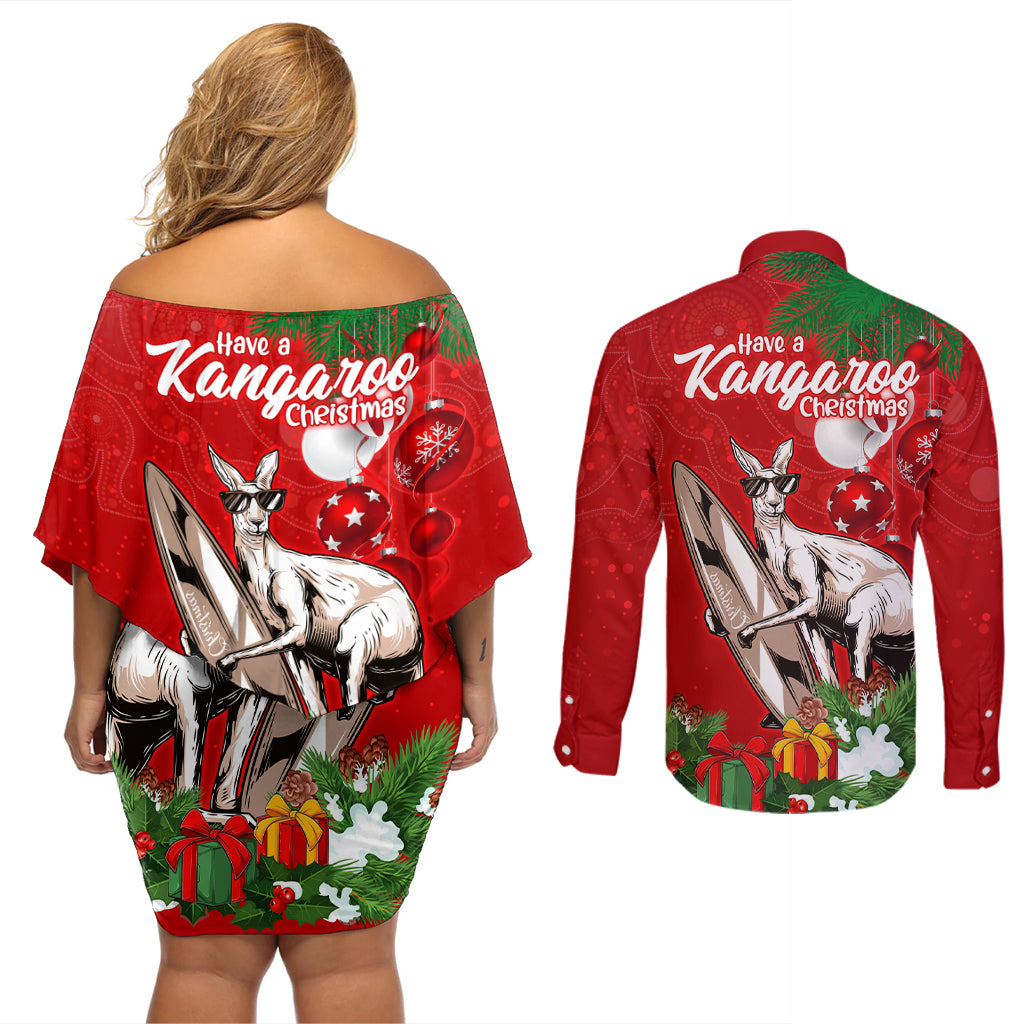 kangaroo-lover-couples-matching-off-shoulder-short-dress-and-long-sleeve-button-shirt-australia-merry-christmas-aboriginal
