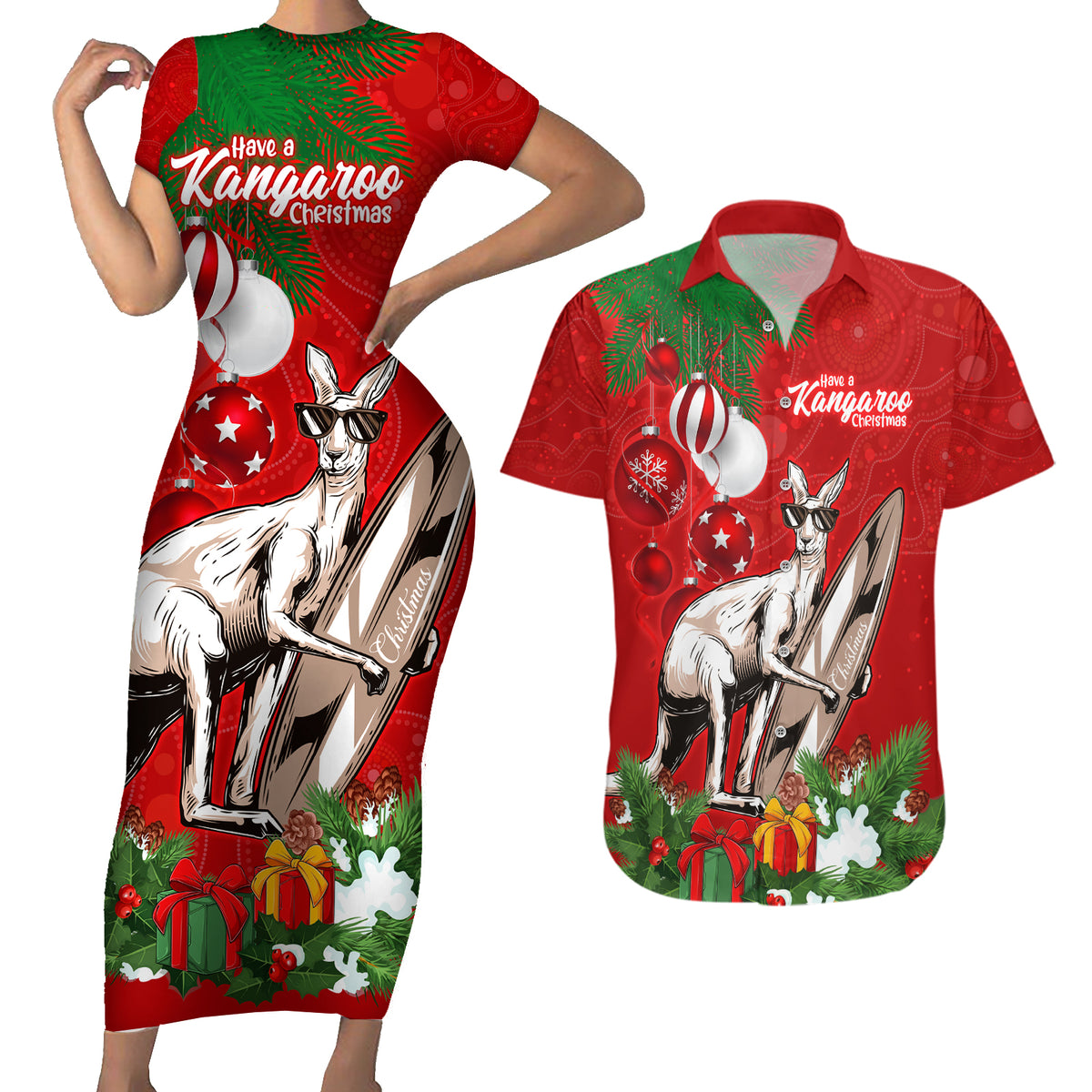 kangaroo-lover-couples-matching-short-sleeve-bodycon-dress-and-hawaiian-shirt-australia-merry-christmas-aboriginal