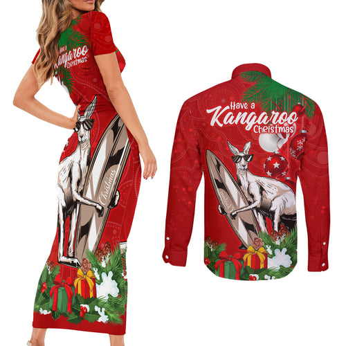 kangaroo-lover-couples-matching-short-sleeve-bodycon-dress-and-long-sleeve-button-shirt-australia-merry-christmas-aboriginal