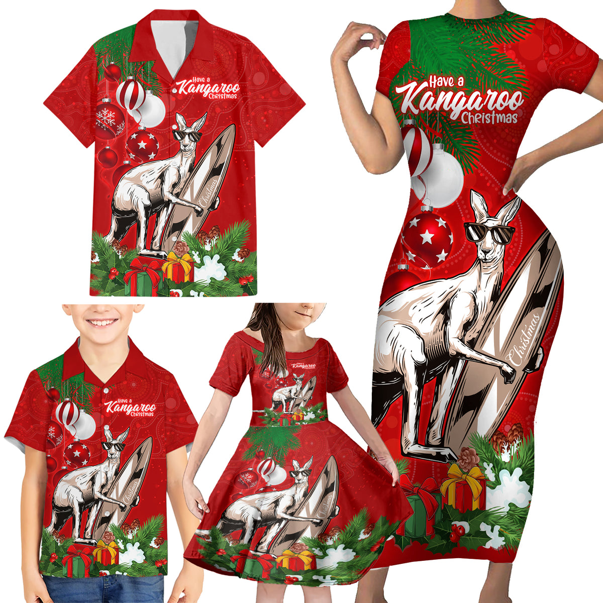 kangaroo-lover-family-matching-short-sleeve-bodycon-dress-and-hawaiian-shirt-australia-merry-christmas-aboriginal