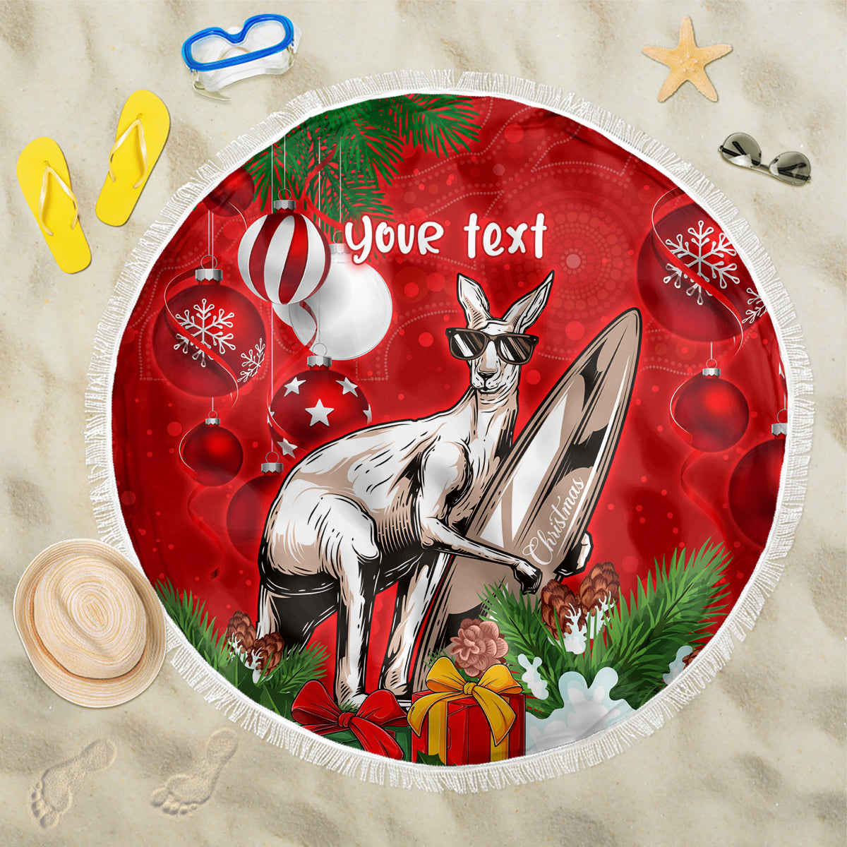 personalised-kangaroo-lover-beach-blanket-australia-merry-christmas-aboriginal