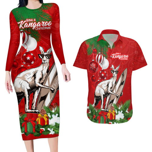 personalised-kangaroo-lover-couples-matching-long-sleeve-bodycon-dress-and-hawaiian-shirt-australia-merry-christmas-aboriginal