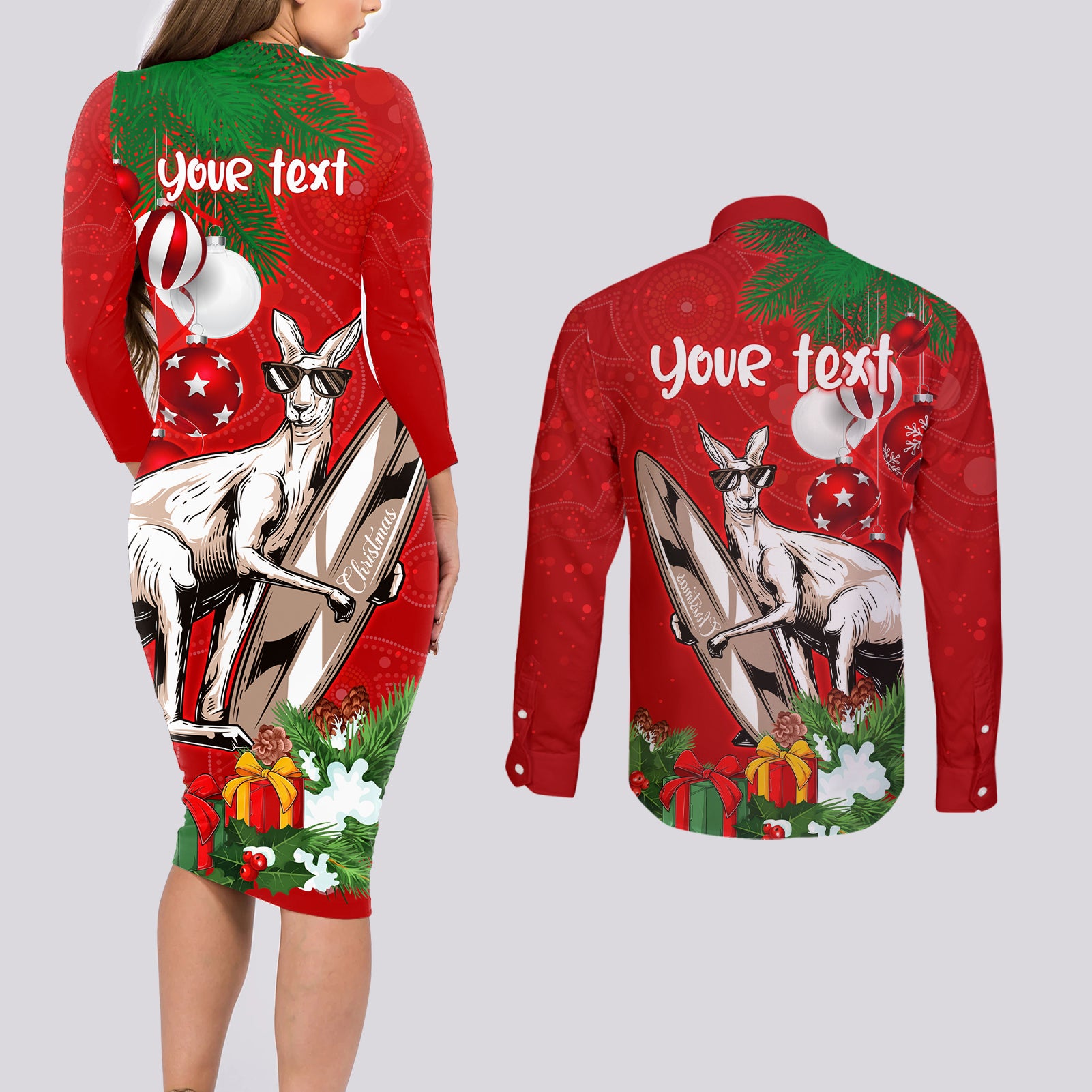 personalised-kangaroo-lover-couples-matching-long-sleeve-bodycon-dress-and-long-sleeve-button-shirt-australia-merry-christmas-aboriginal