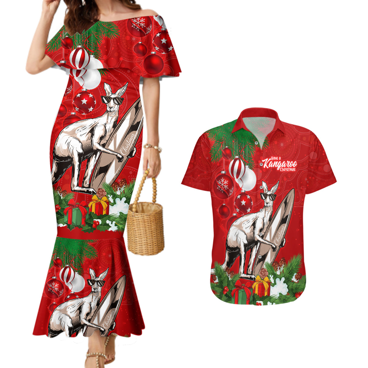 personalised-kangaroo-lover-couples-matching-mermaid-dress-and-hawaiian-shirt-australia-merry-christmas-aboriginal