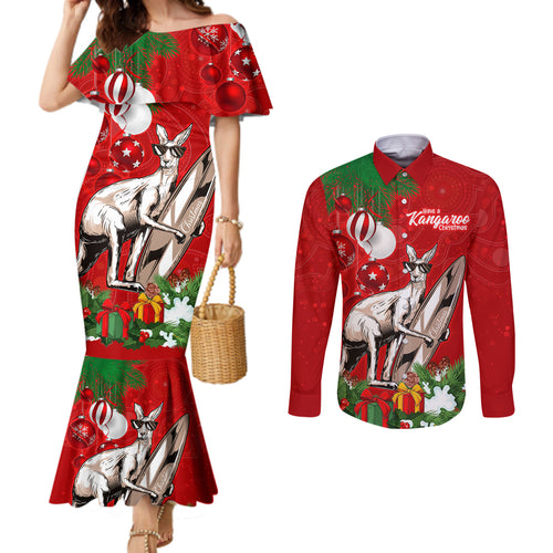 personalised-kangaroo-lover-couples-matching-mermaid-dress-and-long-sleeve-button-shirt-australia-merry-christmas-aboriginal
