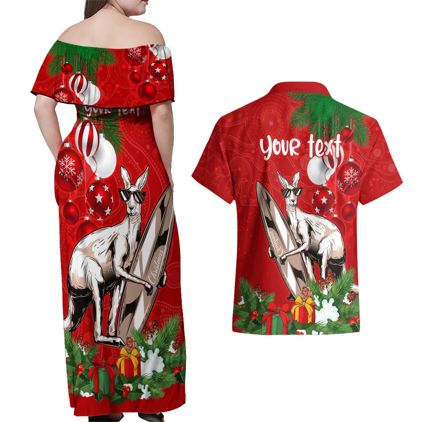 personalised-kangaroo-lover-couples-matching-off-shoulder-maxi-dress-and-hawaiian-shirt-australia-merry-christmas-aboriginal