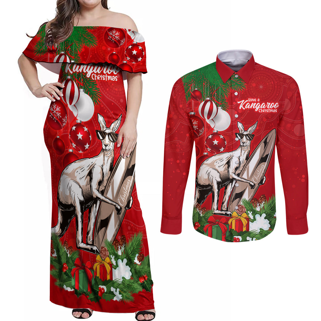 personalised-kangaroo-lover-couples-matching-off-shoulder-maxi-dress-and-long-sleeve-button-shirt-australia-merry-christmas-aboriginal