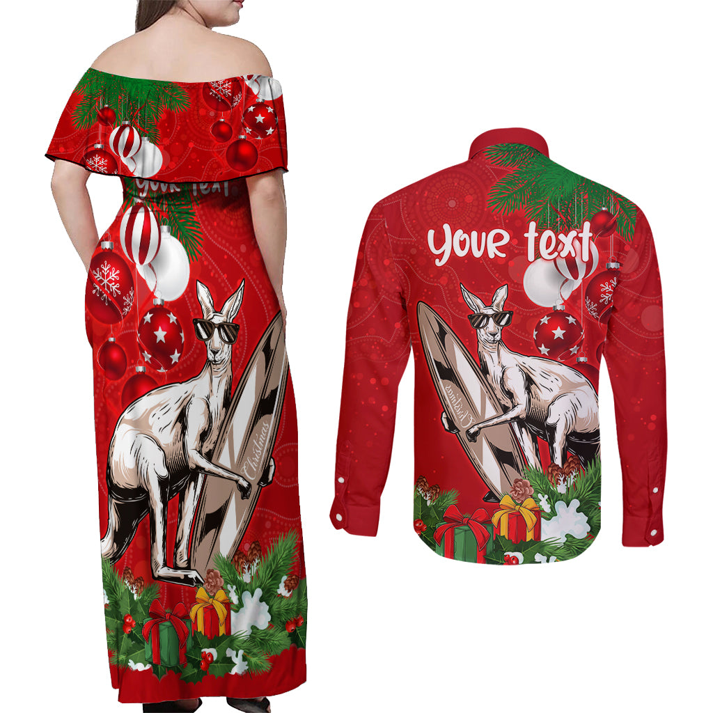 personalised-kangaroo-lover-couples-matching-off-shoulder-maxi-dress-and-long-sleeve-button-shirt-australia-merry-christmas-aboriginal