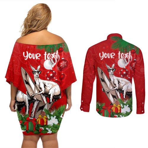 personalised-kangaroo-lover-couples-matching-off-shoulder-short-dress-and-long-sleeve-button-shirt-australia-merry-christmas-aboriginal