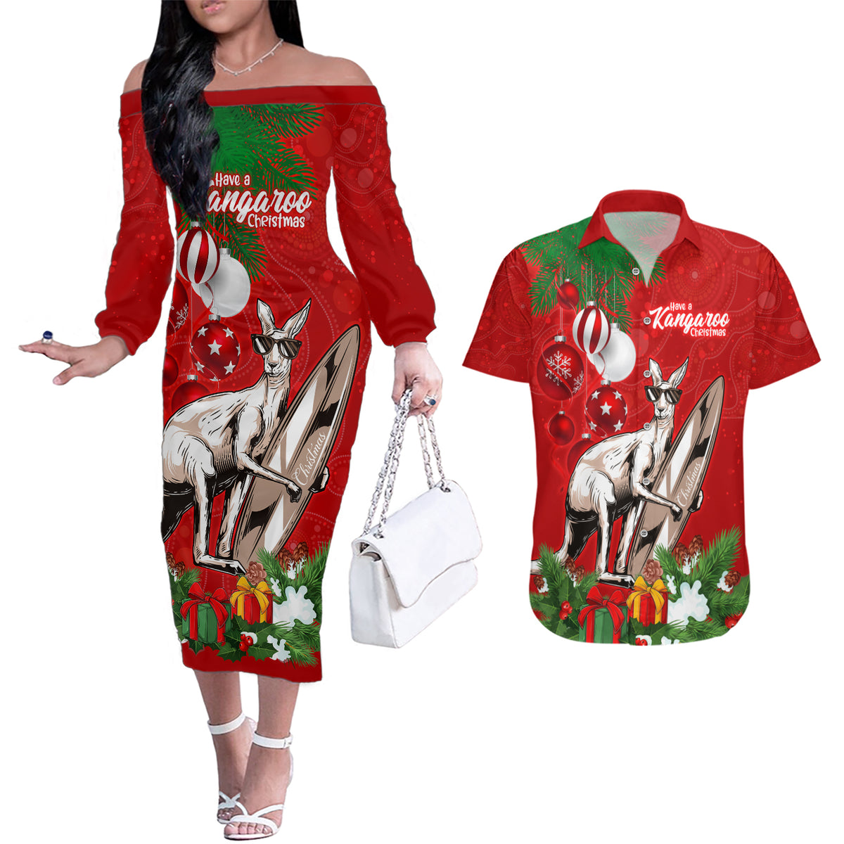 personalised-kangaroo-lover-couples-matching-off-the-shoulder-long-sleeve-dress-and-hawaiian-shirt-australia-merry-christmas-aboriginal