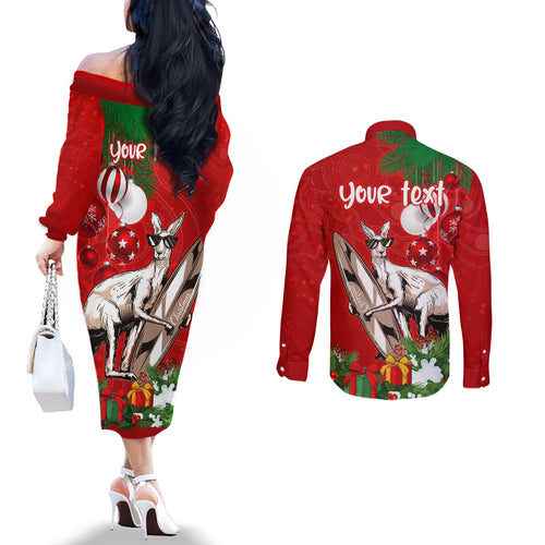 personalised-kangaroo-lover-couples-matching-off-the-shoulder-long-sleeve-dress-and-long-sleeve-button-shirt-australia-merry-christmas-aboriginal