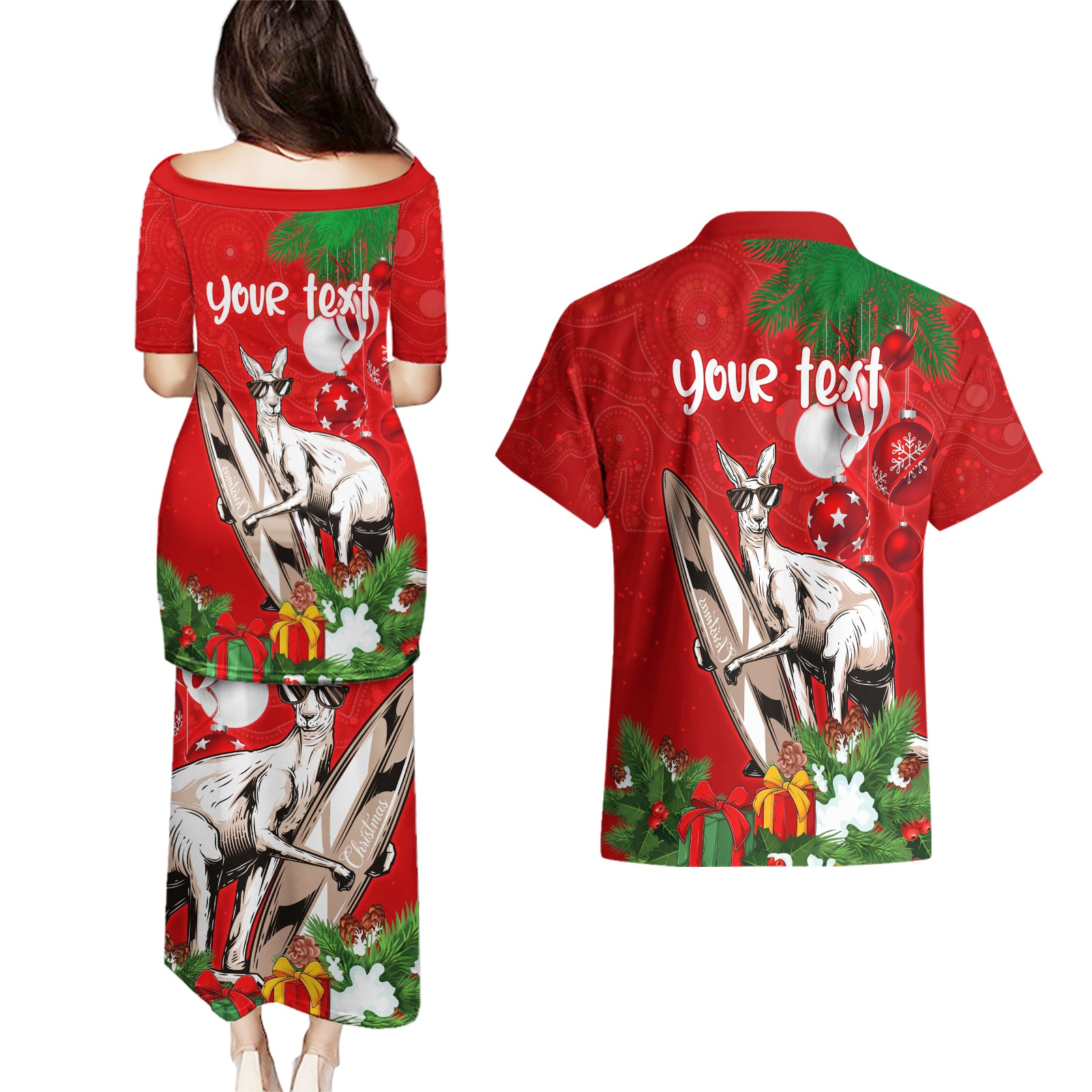 personalised-kangaroo-lover-couples-matching-puletasi-dress-and-hawaiian-shirt-australia-merry-christmas-aboriginal
