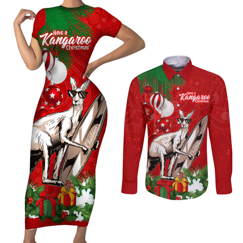 personalised-kangaroo-lover-couples-matching-short-sleeve-bodycon-dress-and-long-sleeve-button-shirt-australia-merry-christmas-aboriginal