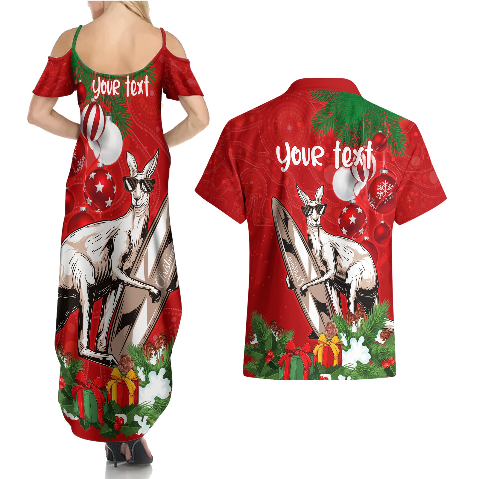 personalised-kangaroo-lover-couples-matching-summer-maxi-dress-and-hawaiian-shirt-australia-merry-christmas-aboriginal